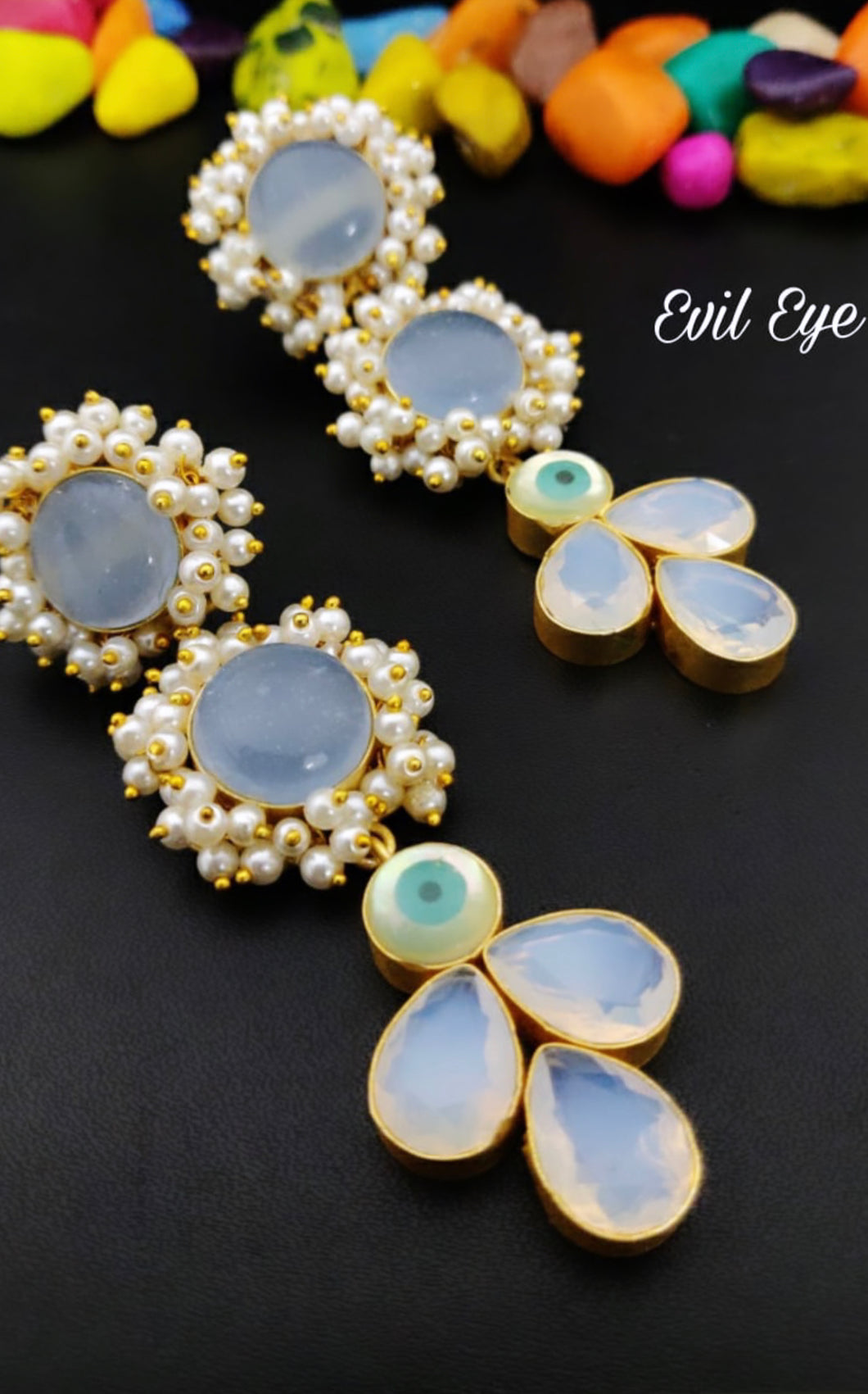 Double Ring With White Moti Earrings