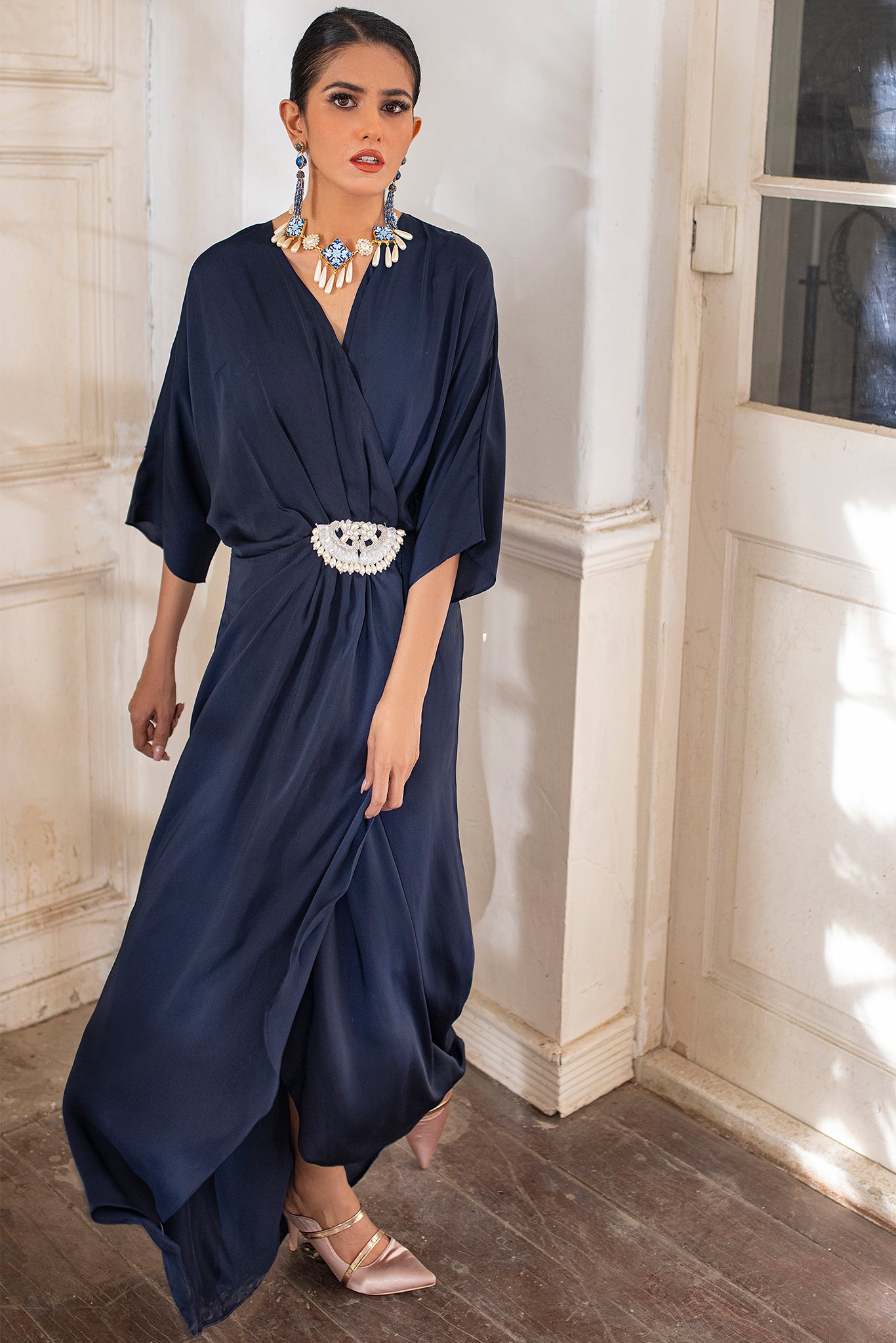 navy blue kaftan dress Floral Printed Navy Blue Polyester Plus Size Kaftan Dress For Women