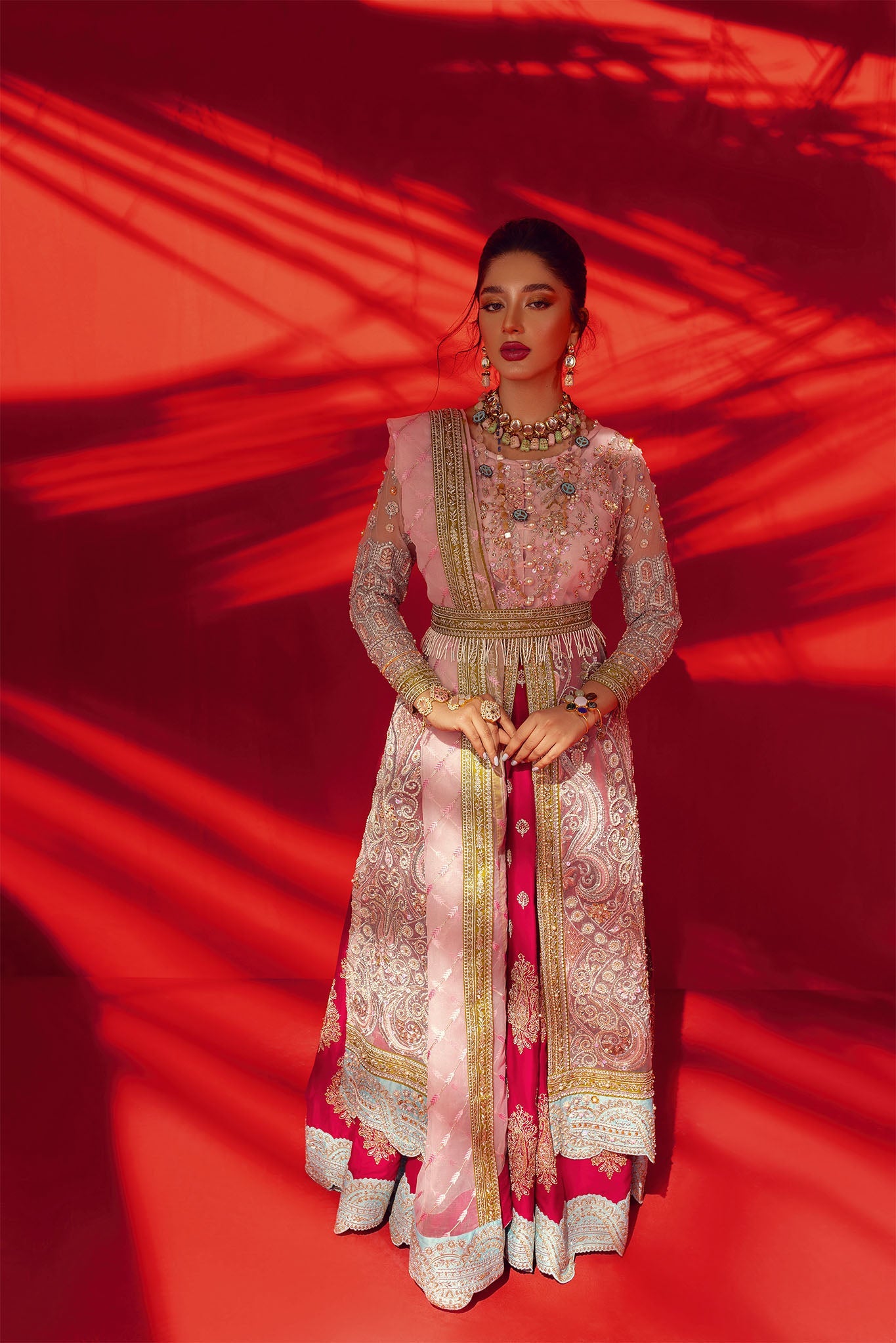 Coral front open style pishwas with lehenga and dupatta – Zuri by Zainab  Fawad