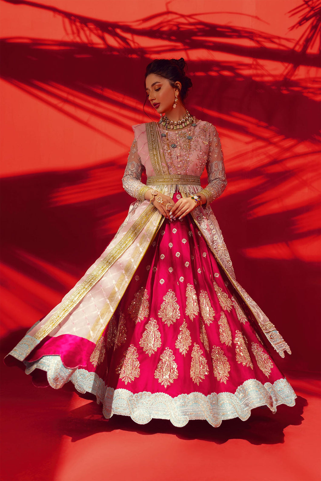 Bridal Mehndi Wear - Magenta Front Open Shirt - Red Back Train Lehenga |  Bridal dresses pakistan, Beautiful pakistani dresses, Wedding lehenga  designs